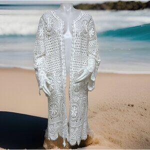 Roamans Crocheted Coverup Cardigan Womens 14/16 White Bell Sleeve Cottagecore